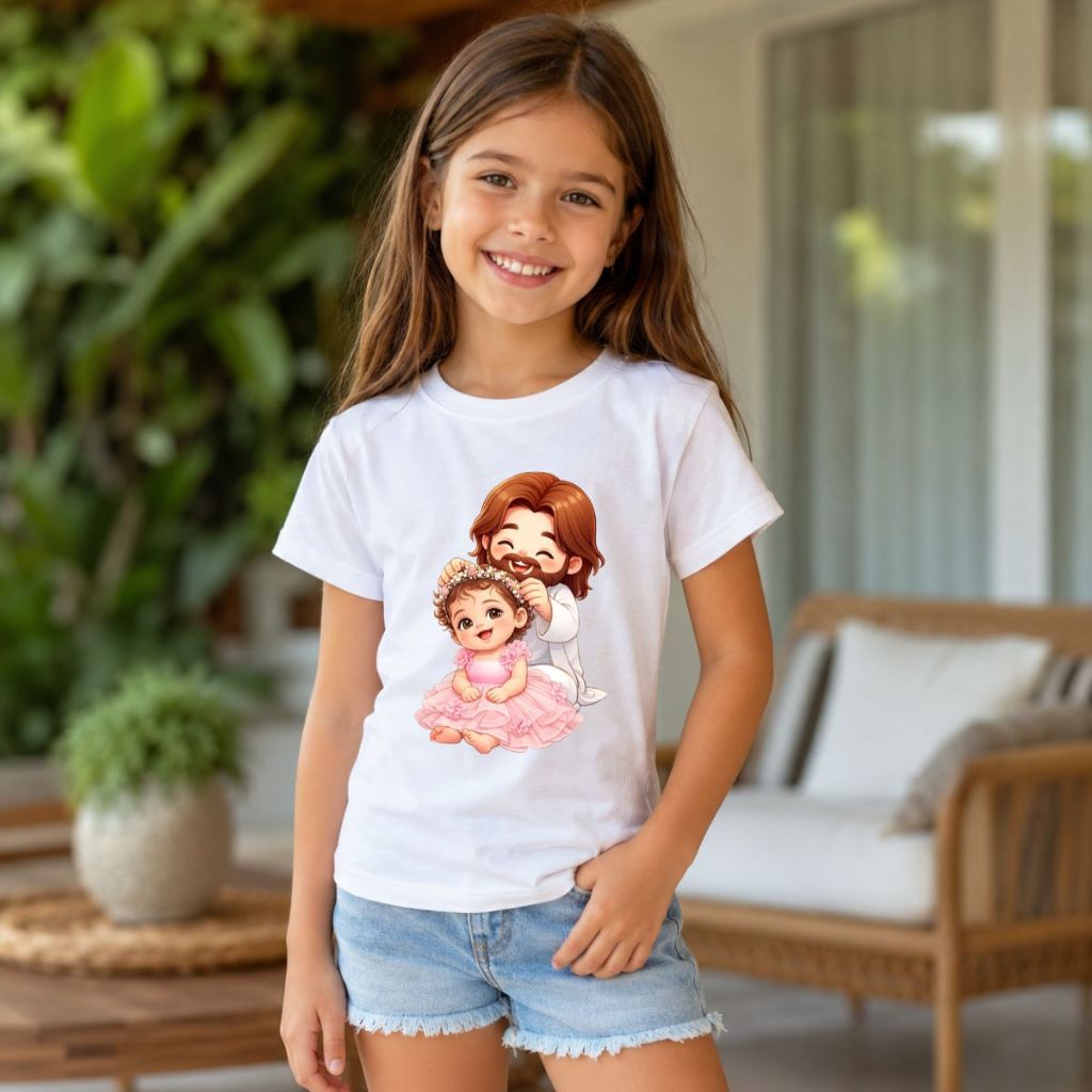 Camiseta Infantil Cristã Jesus com Menina 100% Algodão Estampa Fofa Gospel Feminina Presente Infantil Envio Imediato