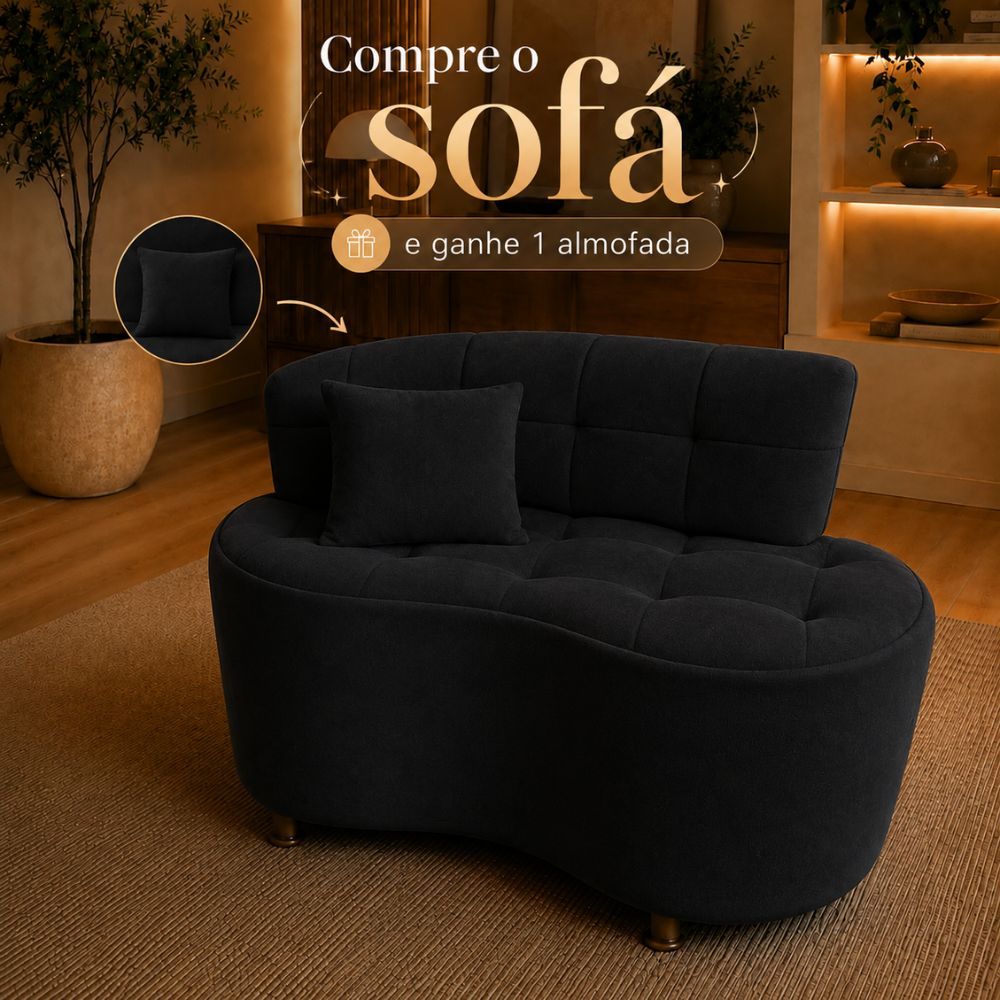 Sofá Tharm Orgânico Premium com Almofada Decorativo para Recepção Sala Espera Suede Preto
