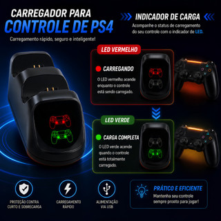 Base Carregador Duplo Para 2 Controles Playstation 4 Ps4 Slim Pro Fat Charging Dock Duplo Led Indicador Com Cabo USB