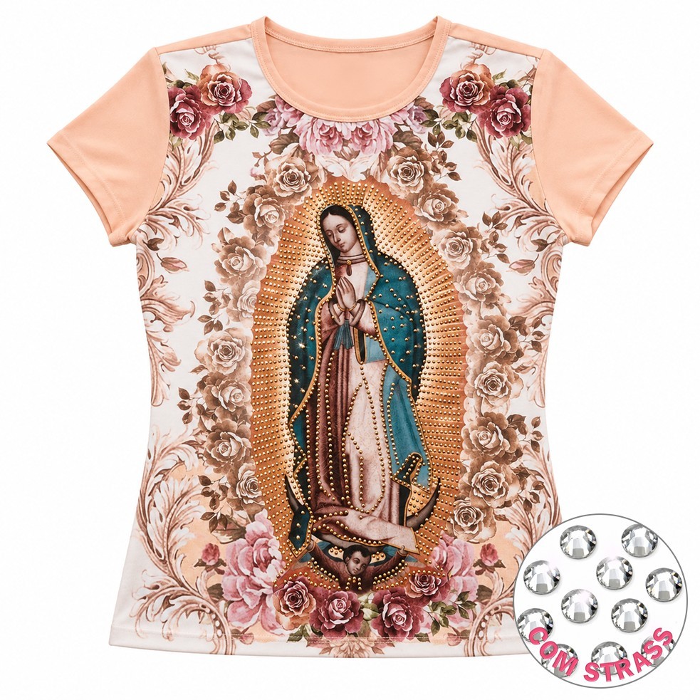 Camisa Camiseta Blusa Feminina Baby Look NOSSA SENHORA DE GUADALUPE Religiosa Católica Brilho Strass Linda Presente