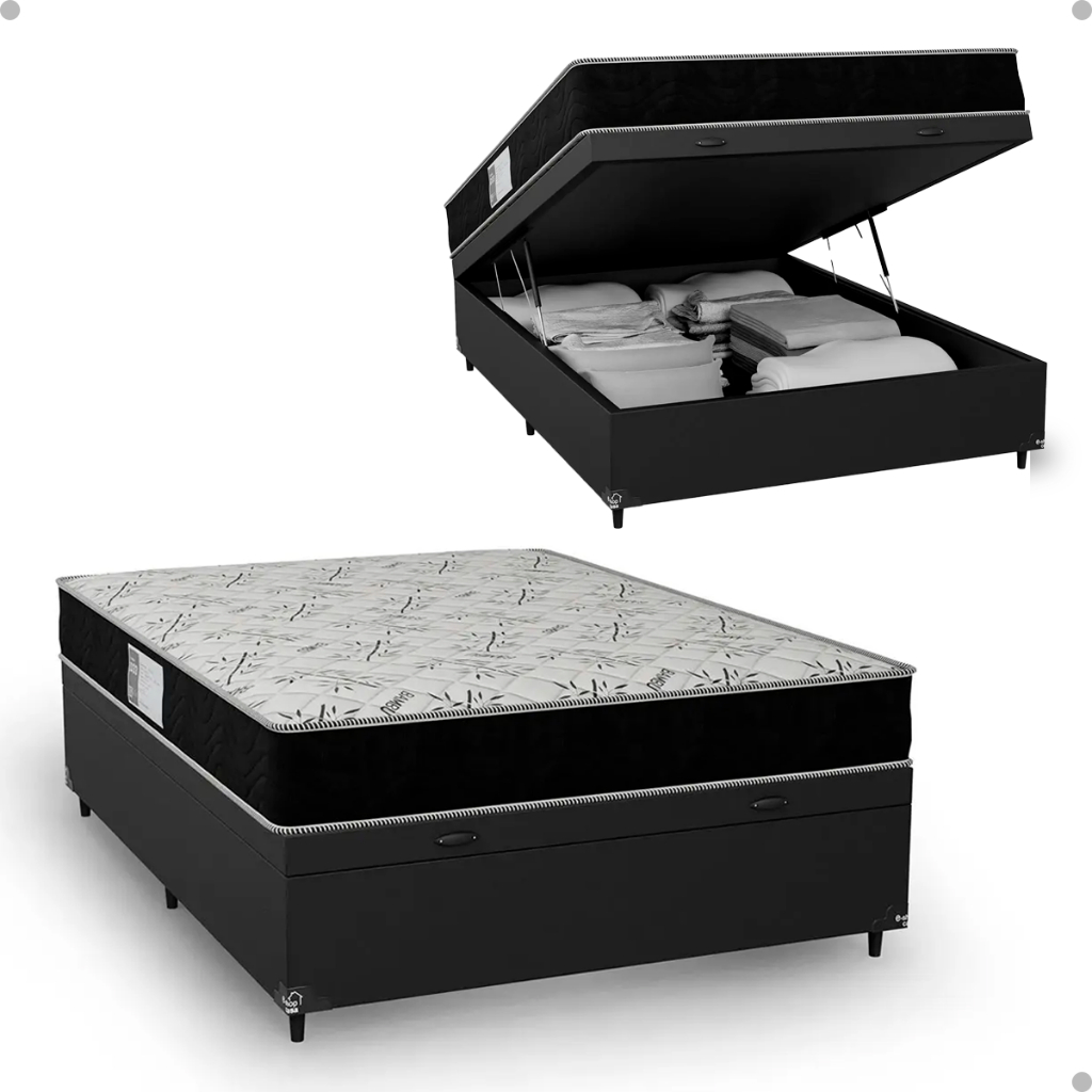 Cama Box Baú Casal + Colchão D33 One Face - Couro Preto