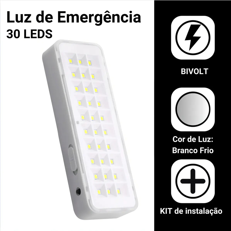 Kit Luminária De Emergência 30leds Bateria Recarregável Cor Branco Frio