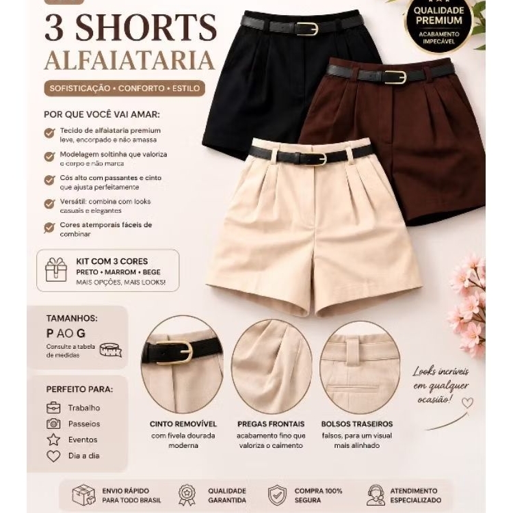 Kit 3 Shorts Alfaiataria Feminino Cintura Alta Com Cinto Elegante