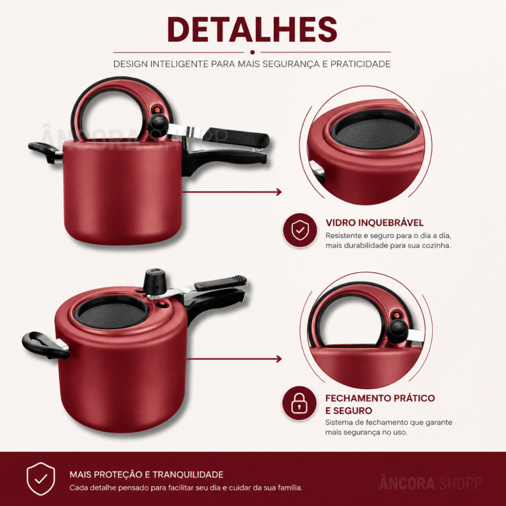 Panela de Pressão 4,5L Antiaderente com Visor de Vidro na Tampa 12cm Grande Grafite / Cereja / Perola 4,5 Litros MTA · foto 2