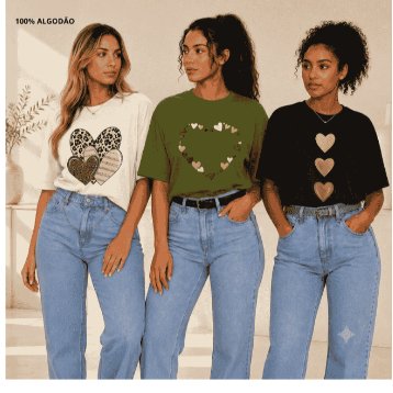 Kit 3 Blusas 100% Algodão – Confortáveis, Macias, Estampas de Coração, Casual e Moderna