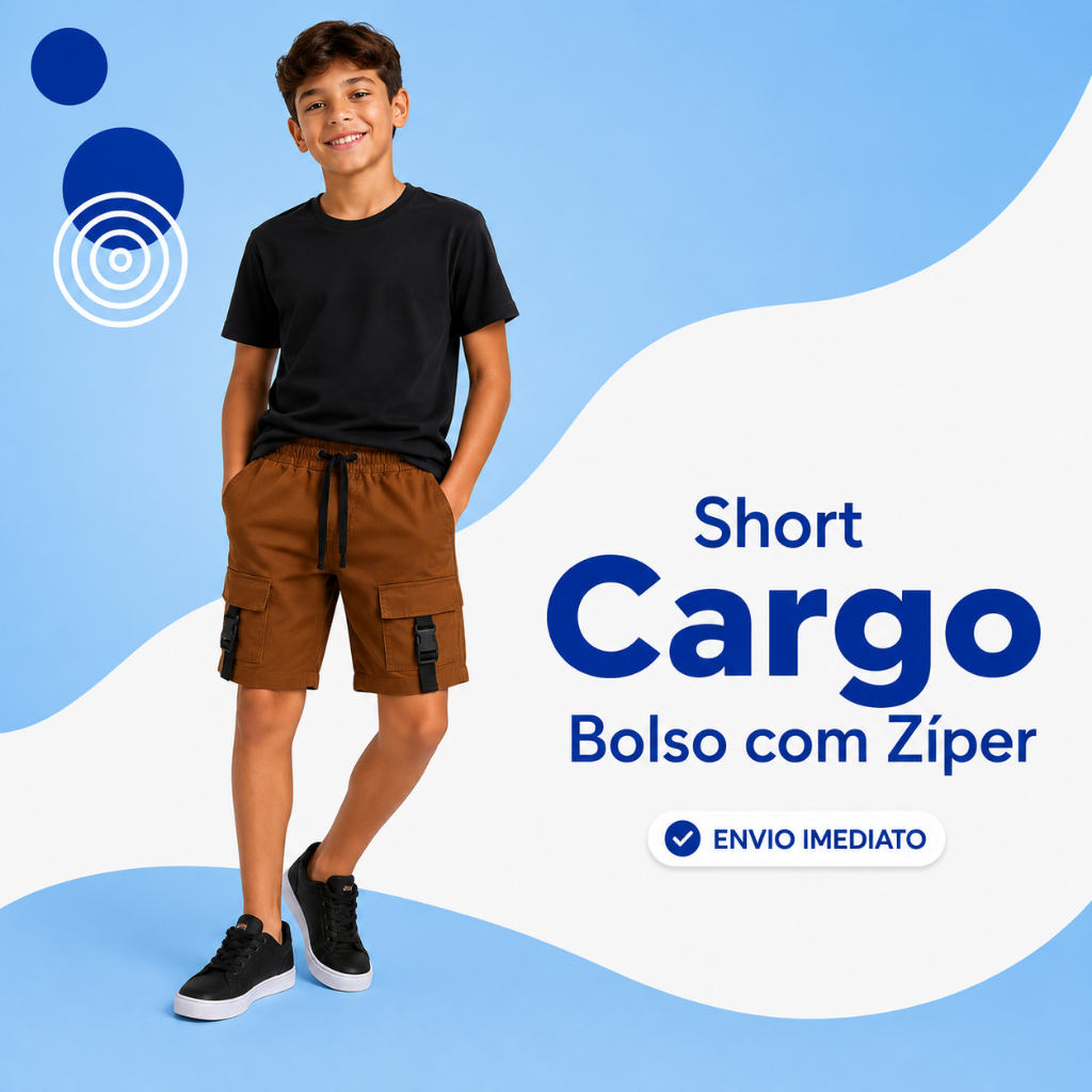 Short Cargo Infantil Juvenil Masculino Menino Sarja Premium Bolsos frontais Com Fivela e elástico Ajustável Confortável