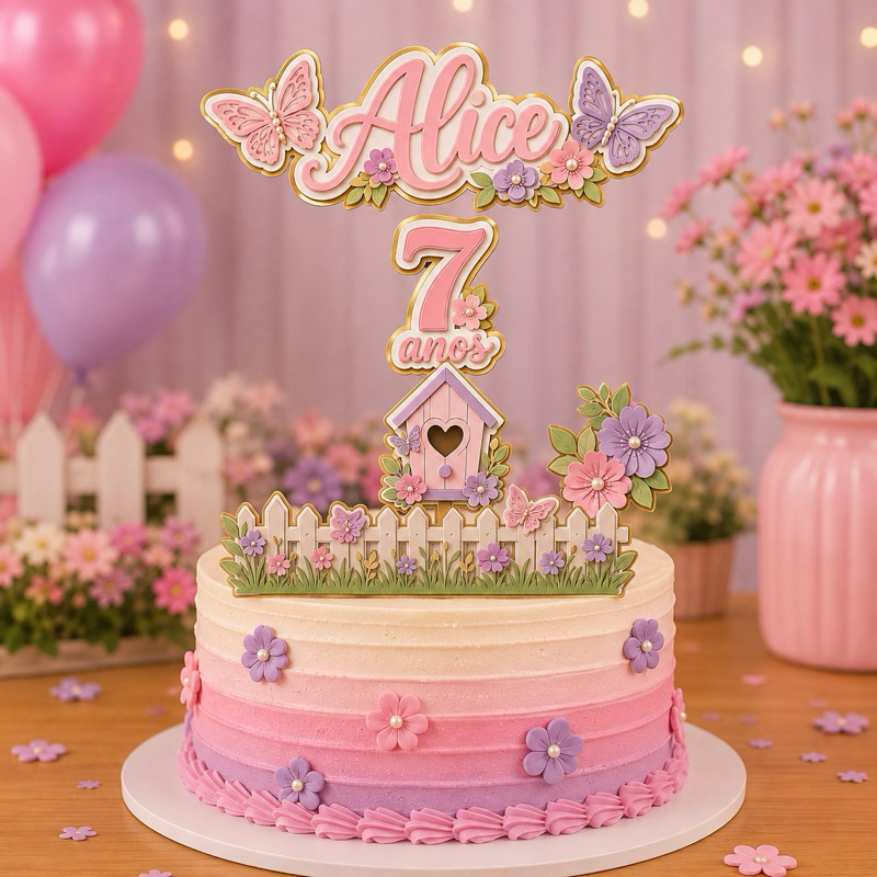 Topo de Bolo Jardim Encantado Personalizado Nome e Idade 3D Mesversário aniversário Bebê Menina infantil festa criança