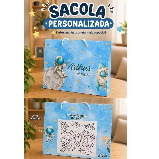 Sacolinha surpresa Astronauta|Foguete com jogo no verso| lembrancinha astronauta |Papel 180g PEGUE E MONTE