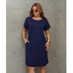 Vestido Curto Feminino Liso Malha Fria Bolso Elegante Casaul Moda Verão 3RD SD1288