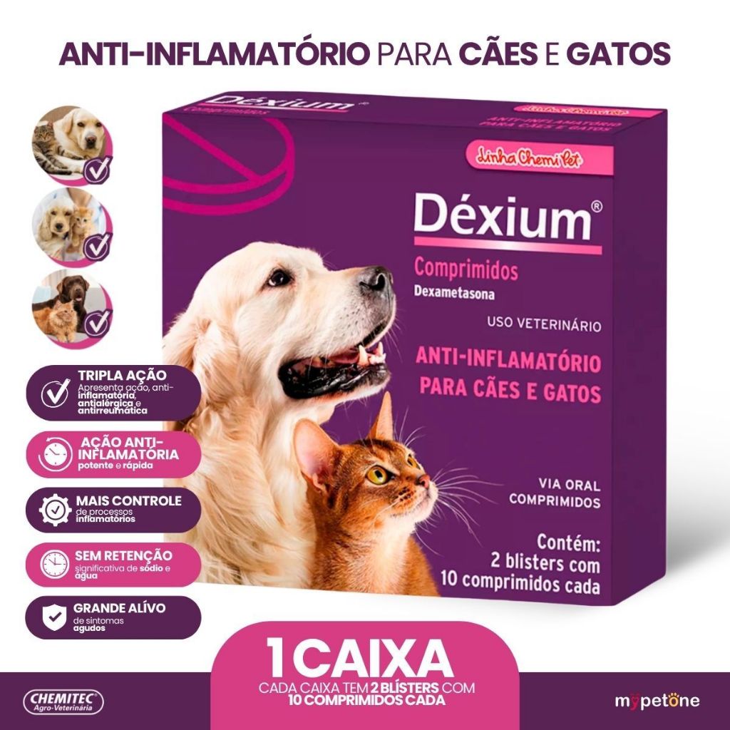 Déxium Dexametasona Chemitec Cães e Gatos - 20 Comprimidos