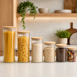 Conjunto 6 Potes de Vidro Herméticos com Tampa de Bambu Premium 650ml até 2L para Cozinha