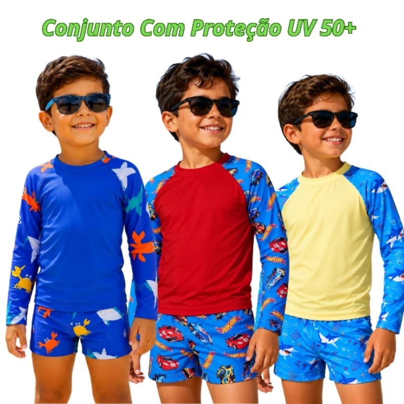 Conjunto Praia Infantil Menino Com Proteção UV 50+ Trajes De Banho Masculino Camisa + Sunga