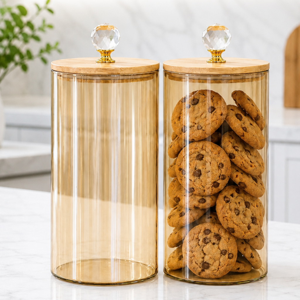 pote âmbar hermético G 1300ml tampa de bambu com cristal luxo cantinho do café