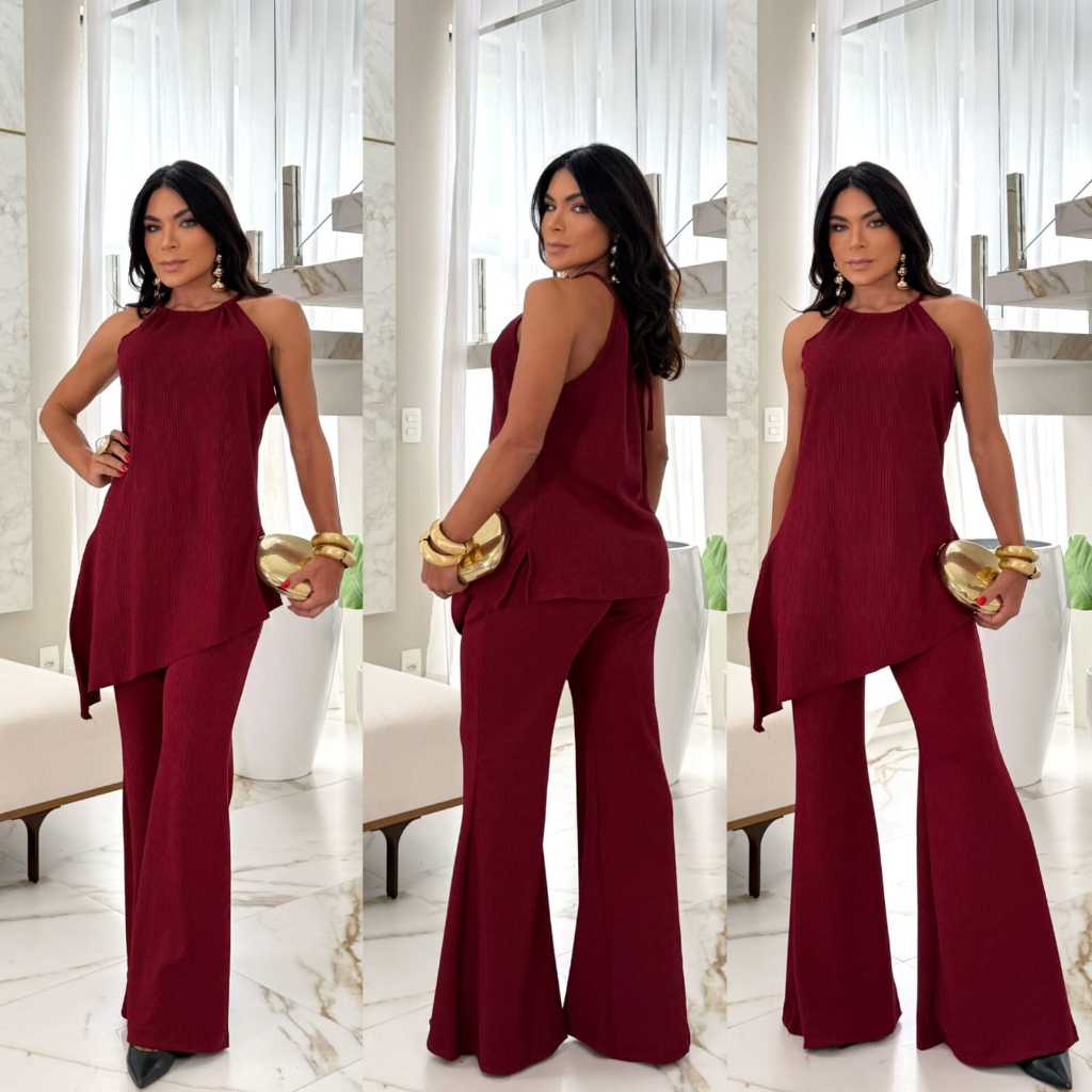 Conjunto Feminino Mulher Elegante Calça Pantalona e Blusa Regata Assimetrica