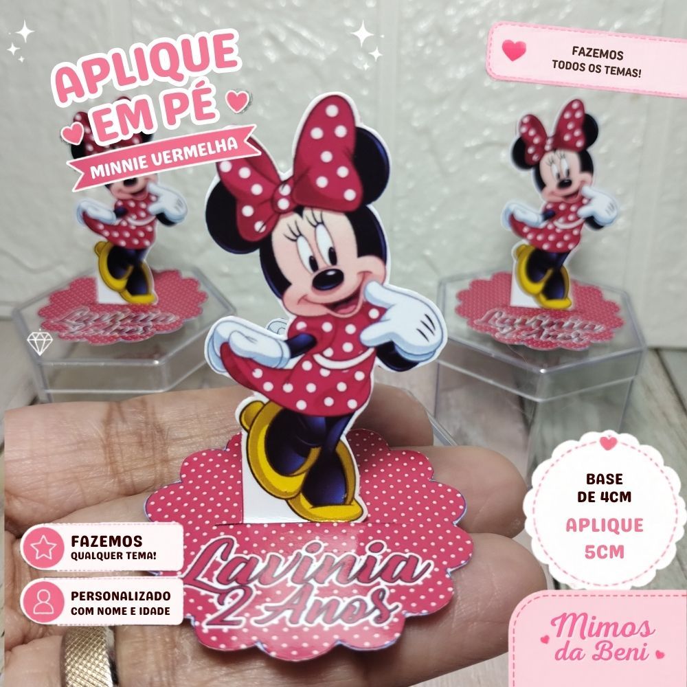 Aplique em Pé 3D Minnie Vermelha Personalizados Lembrancinha Festa Infantil Kit 10 a 50 unidades