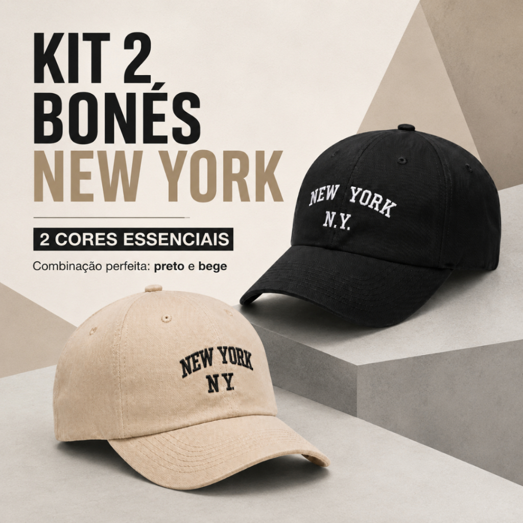 Kit 2 Bonés Ny New York Retro Basebol Aba Curva Masculino Feminino Regulagem Fitão Boné Ajustavel