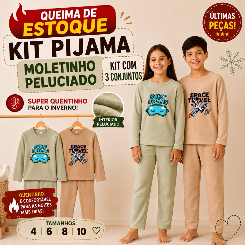 Kit 3 Pijamas Infantil Moletinho Peluciado Feminino Masculino Inverno 4 6 8 10 Conjuntos Sortidos Super Quentinho