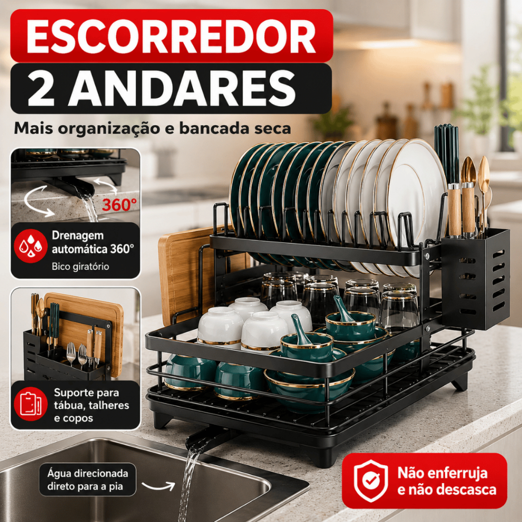 Escorredor de Louça Inoxidável Rack 2 Andares Drenagem Automática Bandeja 360º Organizador Pia