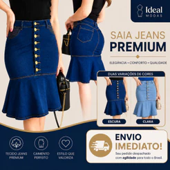 Saia Jeans Feminina Midi Cintura Alta Elastano Sereia Babado Botões Presente Moda Cristã Evangelica