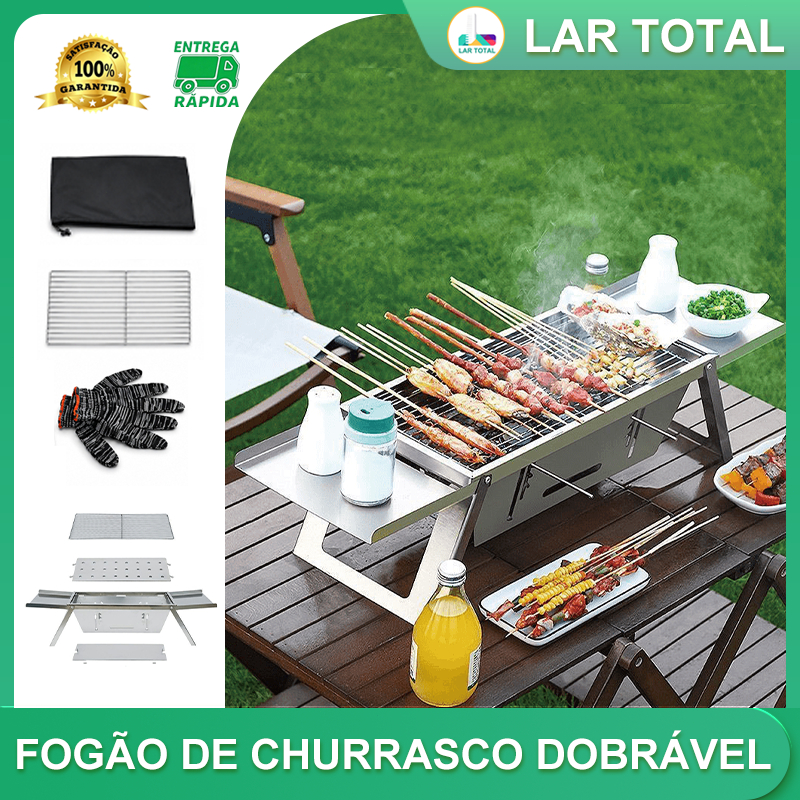 Fogareiro de Churrasco Dobrável Portátil Aço Inoxidável com Grelha - Churrasqueiras 3 vel. de fogo