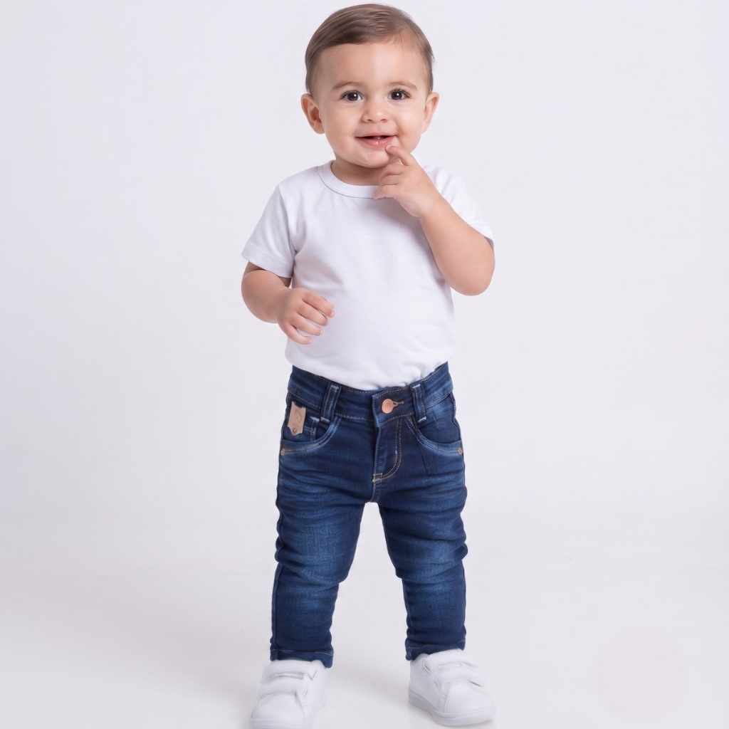 Calça Jeans Bebê Menino Infantil com Elastano e Ajuste Elástico 0 a 3 Anos