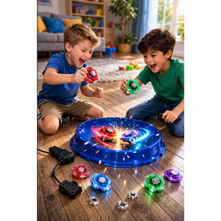 Kit 4 Beyblade Metal Com Led Luz + 2 Lançadores + 4 Ponteiras + Arena Brinquedo Pião Luz
