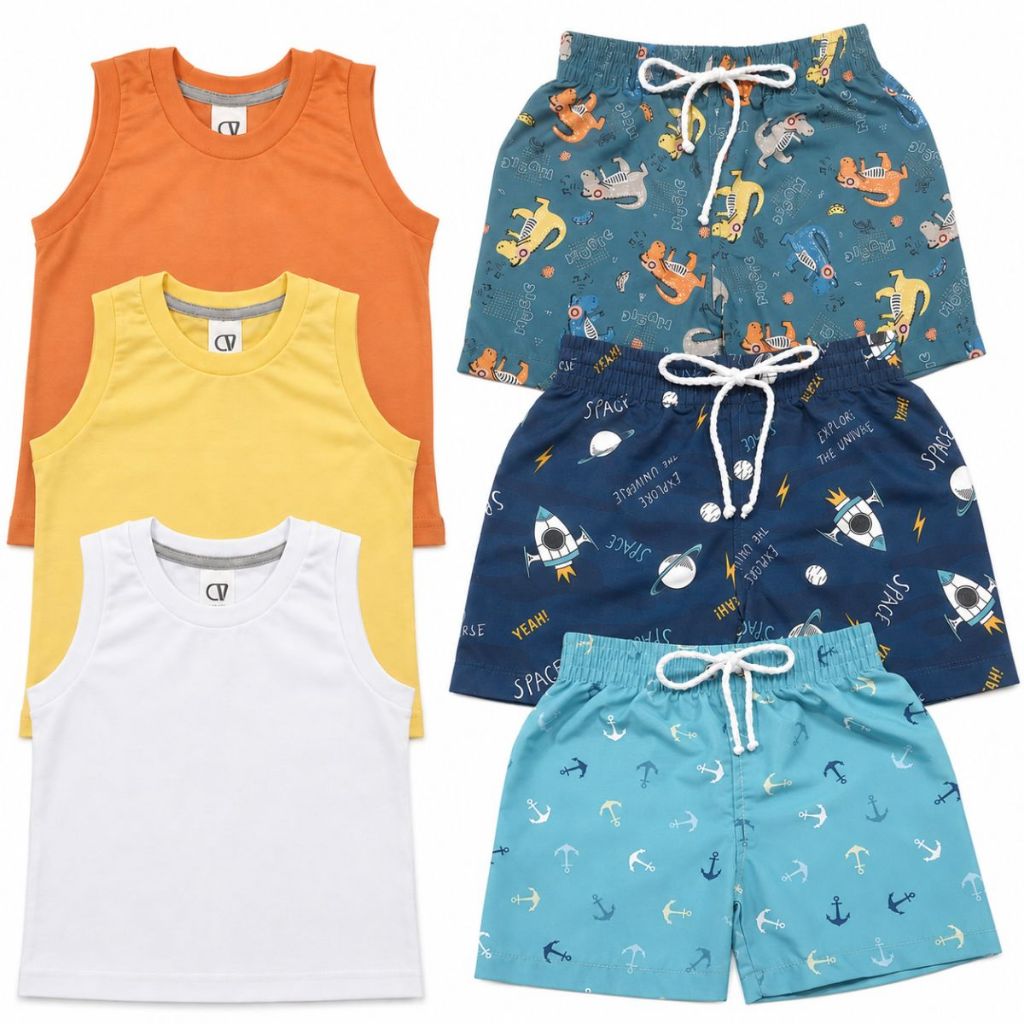 Roupa Bebê Masculina – Kit 3 Bermudas + 3 Regatas Confortáveis!