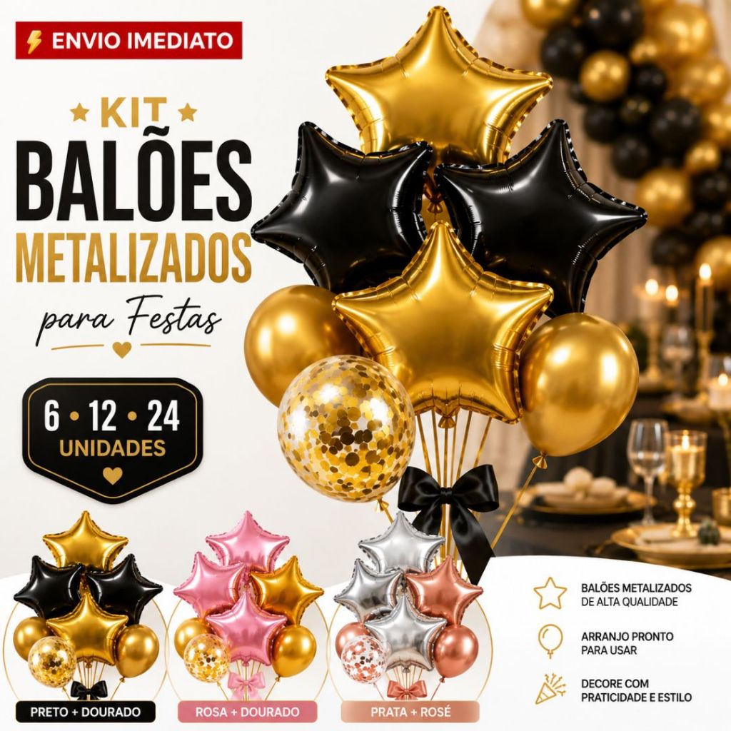 Kit Arranjo 12/24 Balão Metalizado Bexiga com Confete + Estrelas Decoração Festa Aniversário