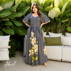 Vestido Longo Feminino Listrado Floral Manga Curta Soltinha Moda Evangélica Elegante Casual Chic