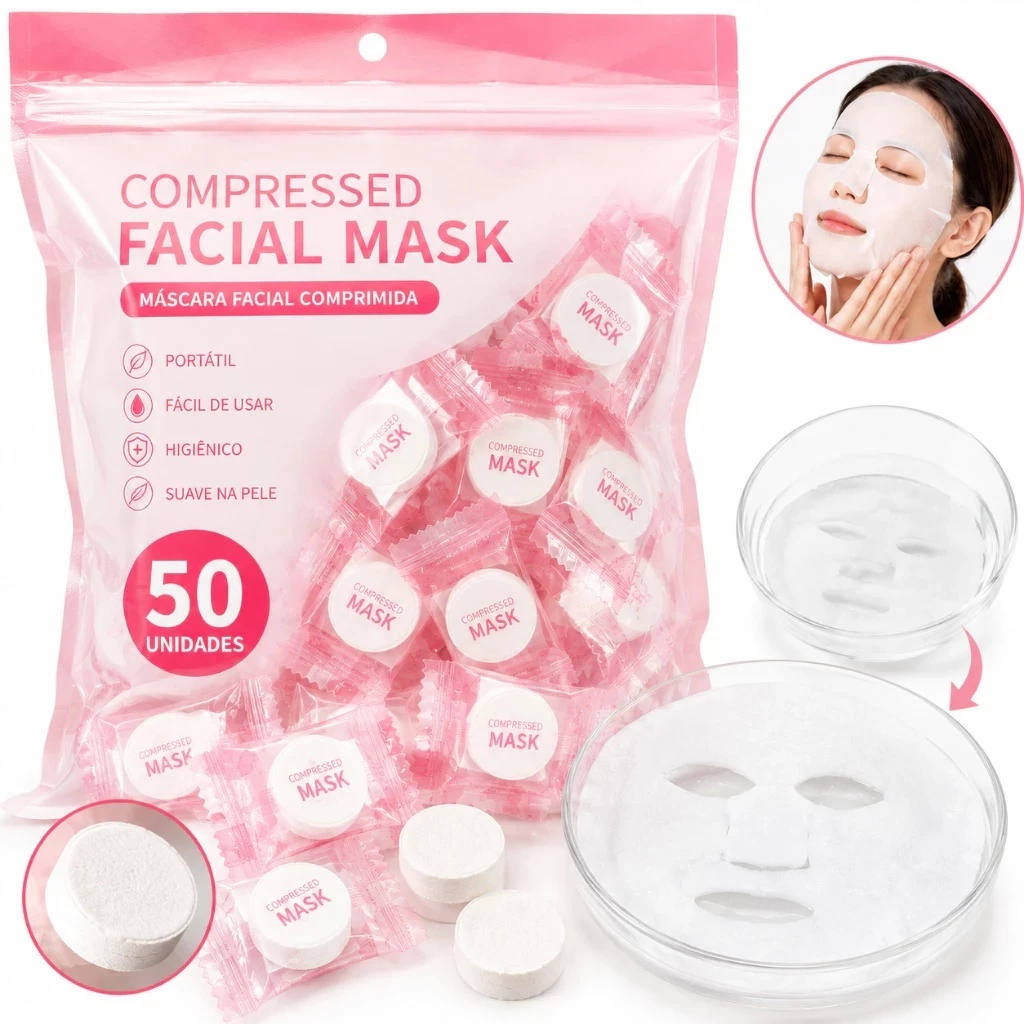 Kits com 50 ou 100 Máscaras Facial Comprimida Pastilhas de Algodão para Sérum Skincare — imagem 1