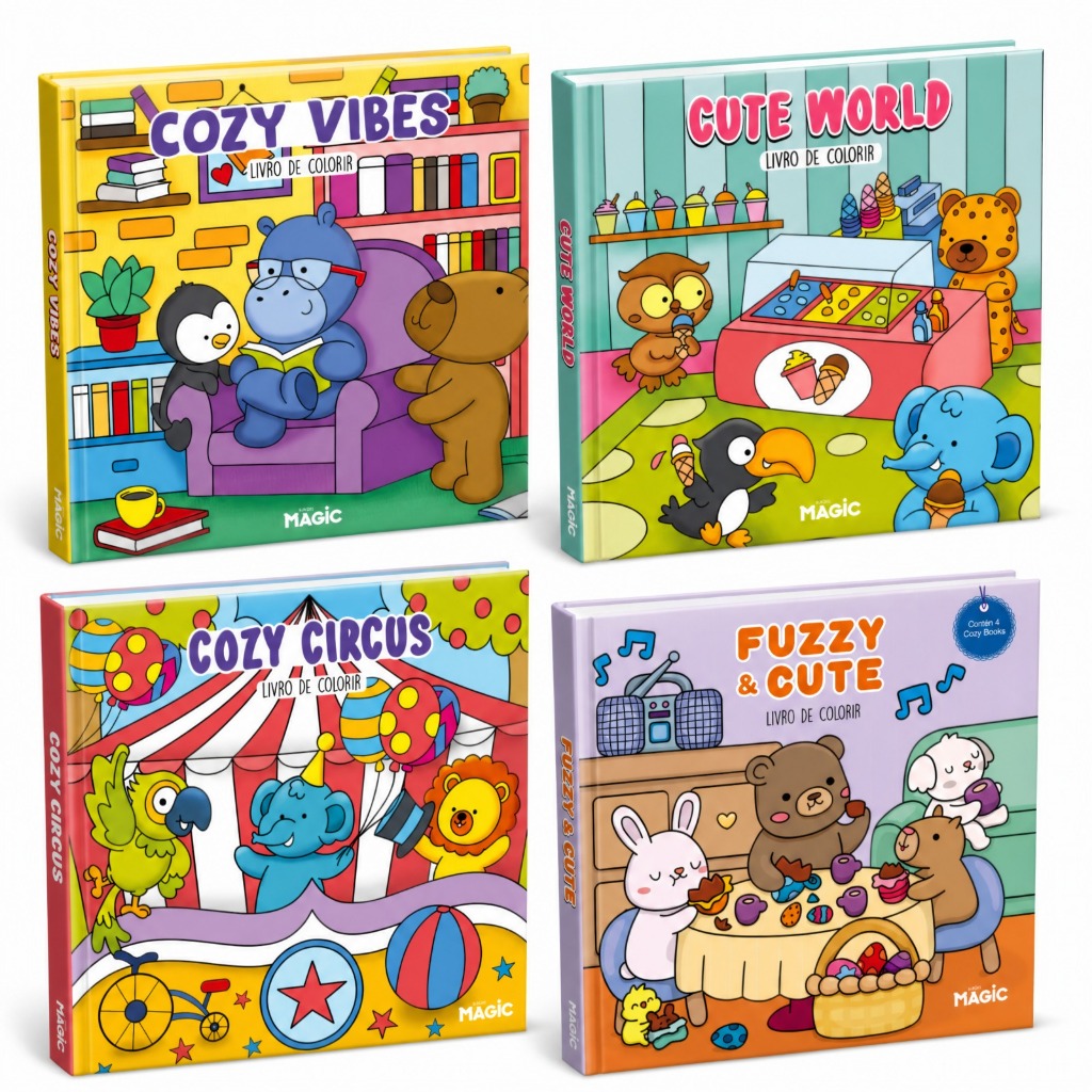 Kit 4 Livros de Colorir Comfy e Cozy 96 Desenhos Capa Dura Infantil