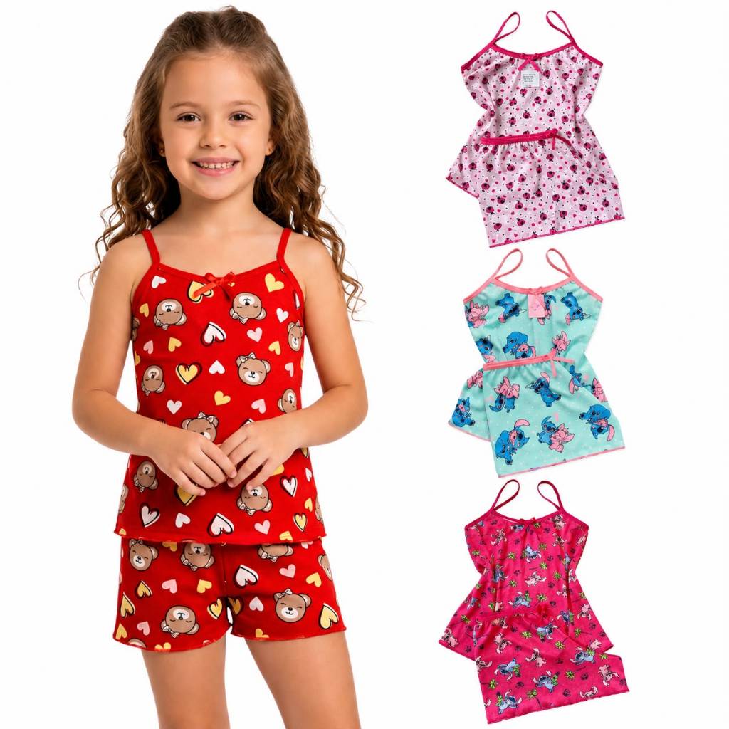 Kit 3 Short Doll Infantil Menina Estampados Pijama Personagens Divertidos