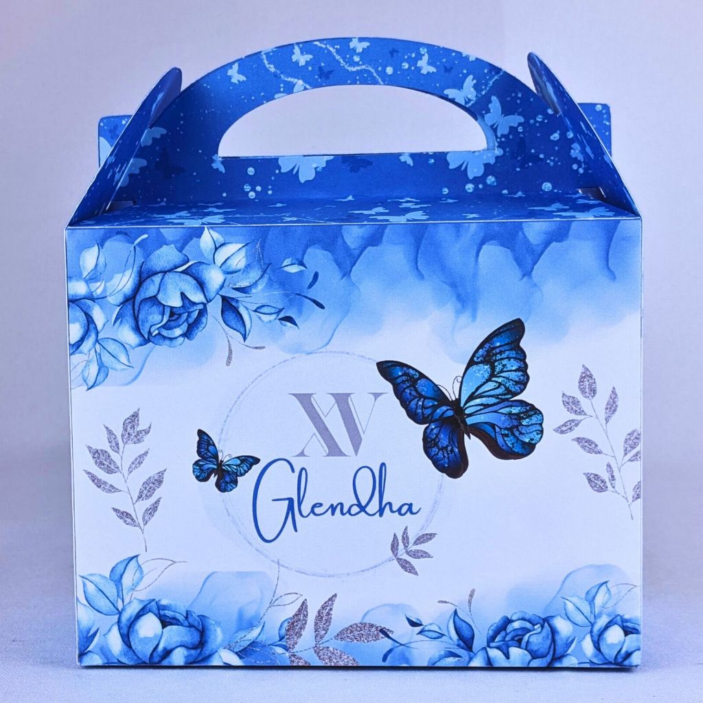 Kit 10 a 30 Caixinhas Personalizadas 16x8x15cm Com Alça Lembrancinhas Borboleta Azul Royal Debutante 15 Anos Aniversario