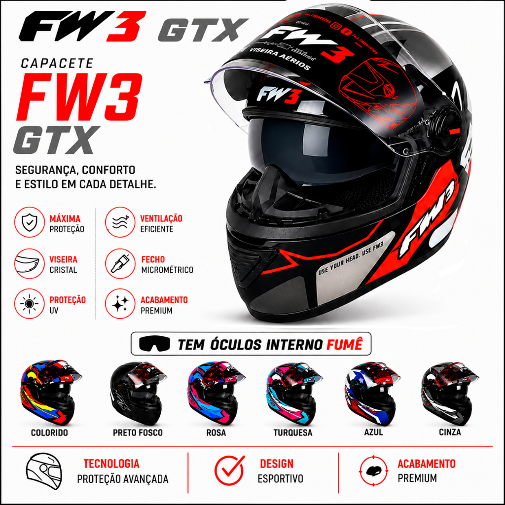 Capacete Fechado Fw3 Gtx Fox Óculos + Narigueira Cores Masculino Feminino