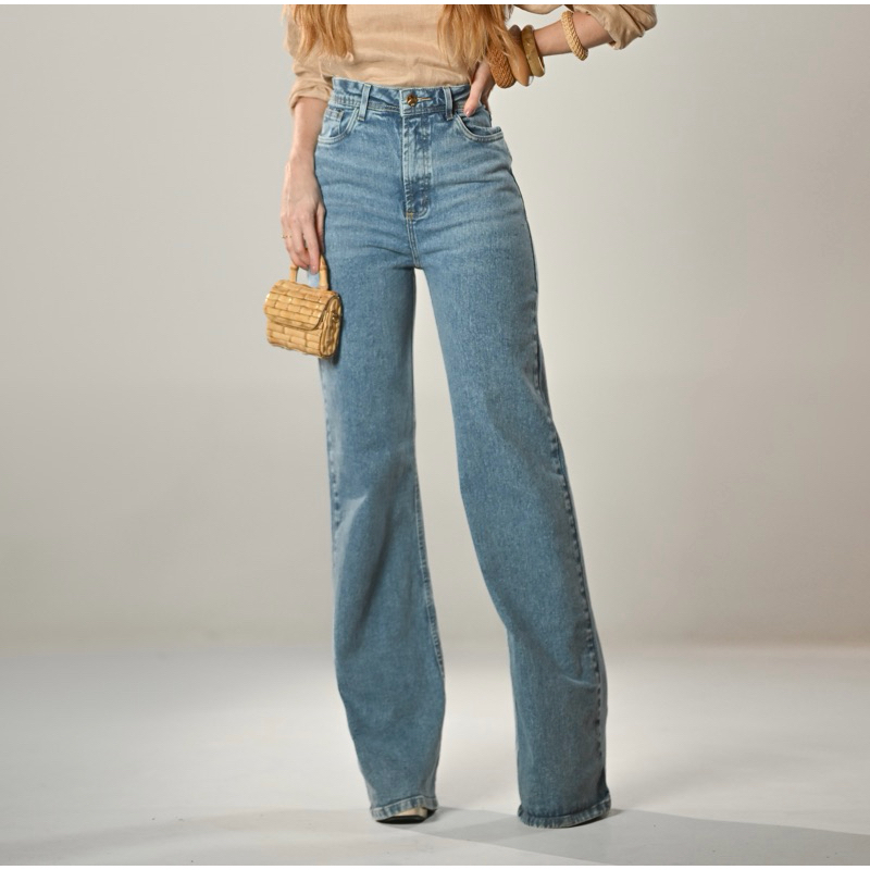 Calça Wide Leg Feminina Jeans Cintura Alta Pantalona Premium 1% Elastano