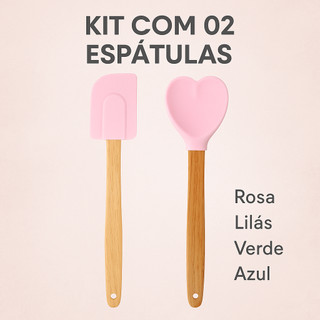 Kit com 2 Espátulas Colher de Silicone Coração e Espátula Pao Duro Cabo Bambu