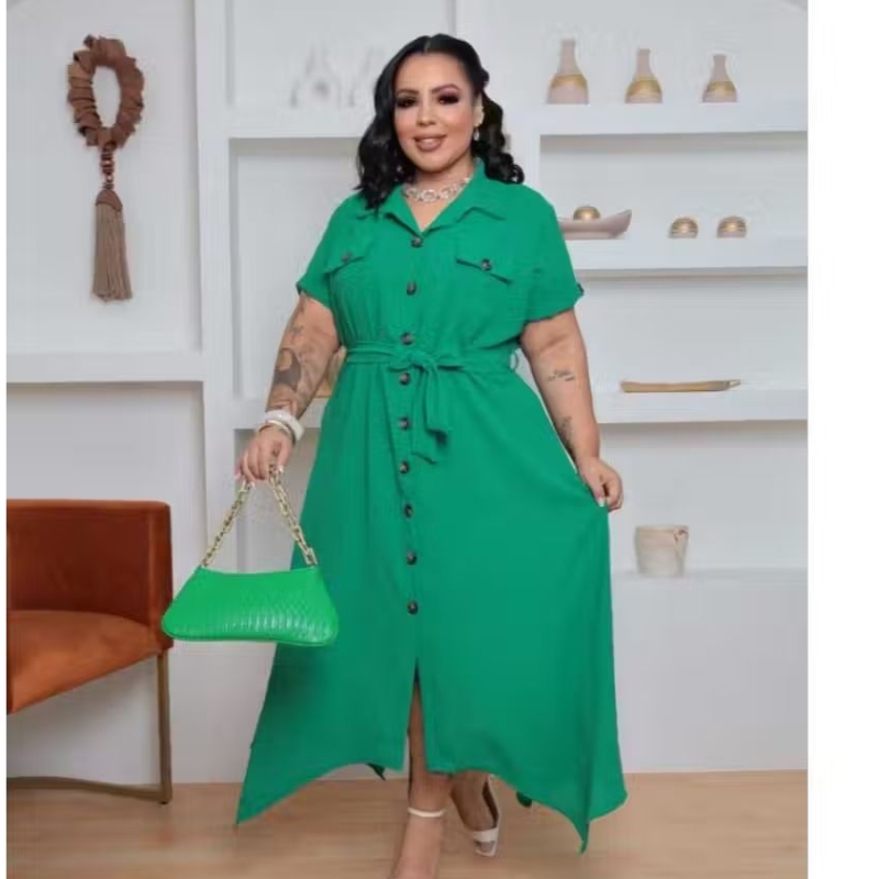 Vestido Chemise Plus Size Midi Feminino com Faixa na Cintura Botões Frontais Elegante e Confortável