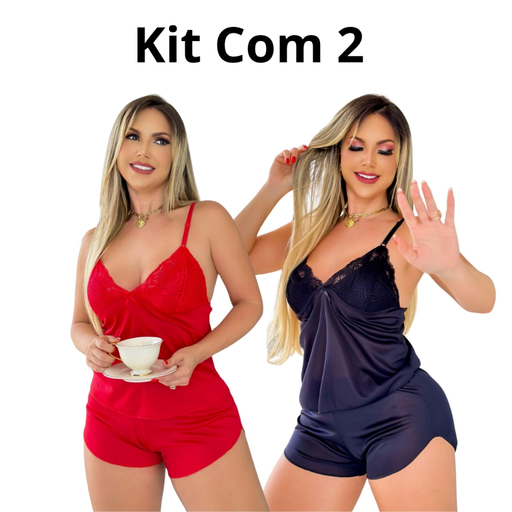 Kit Baby Doll Feminino Sem Bojo Renda Short Doll Malha Confortável Pijama Langerie Sensual Dormir
