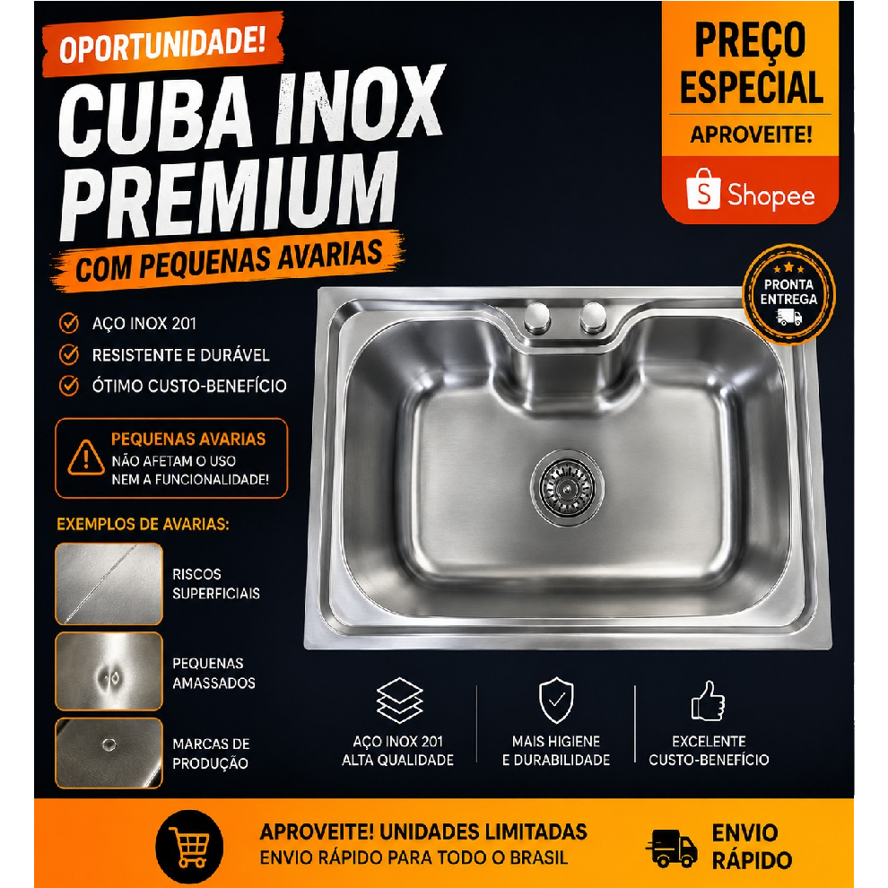 Cuba Gourmet Cozinha Aço Inox Br Cubas 60x42cm  *COM AVARIA* +VALVULA
