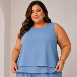 Blusa Feminina Regata Plus Size Alfaiataria Frente Dupla Tecido Molinho Duna Elegante Tendencia