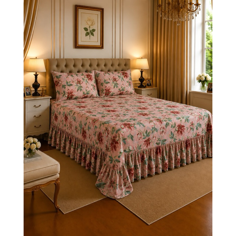 Kit  Colcha  Cobre Leito Emily  Queen  03 Peças Com Babado - 100 % Algodão 400 Fios+2 Fronhas |Oferta