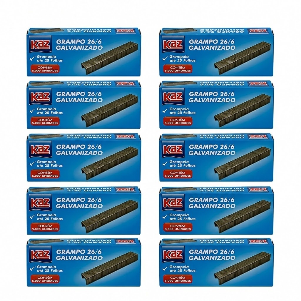 Kit 10 Caixas Grampo 26/6 Galvanizado Para Grampeador 5000 Unidades Escritório Papelaria