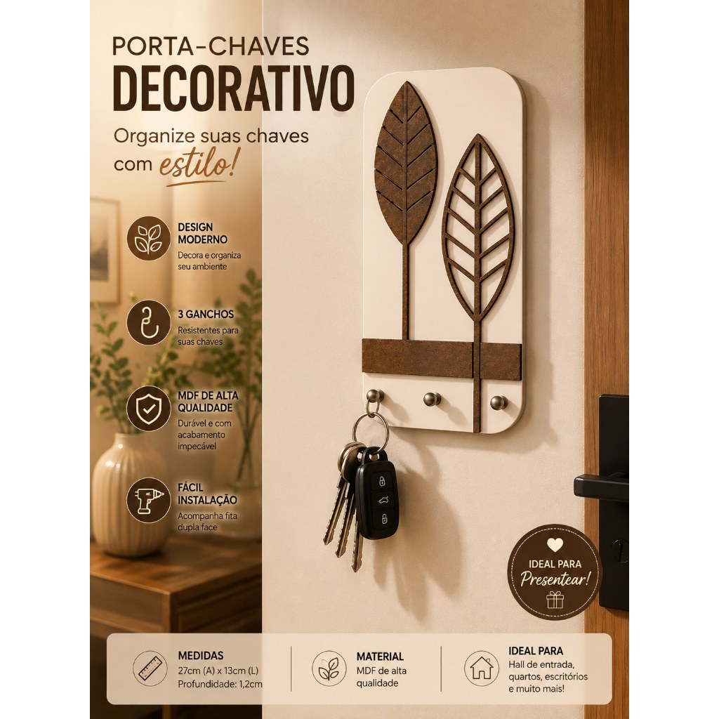 PORTA CHAVES DE PAREDE MDF DECORATIVO ORGANIZADOR DE CHAVES MINIMALISTA