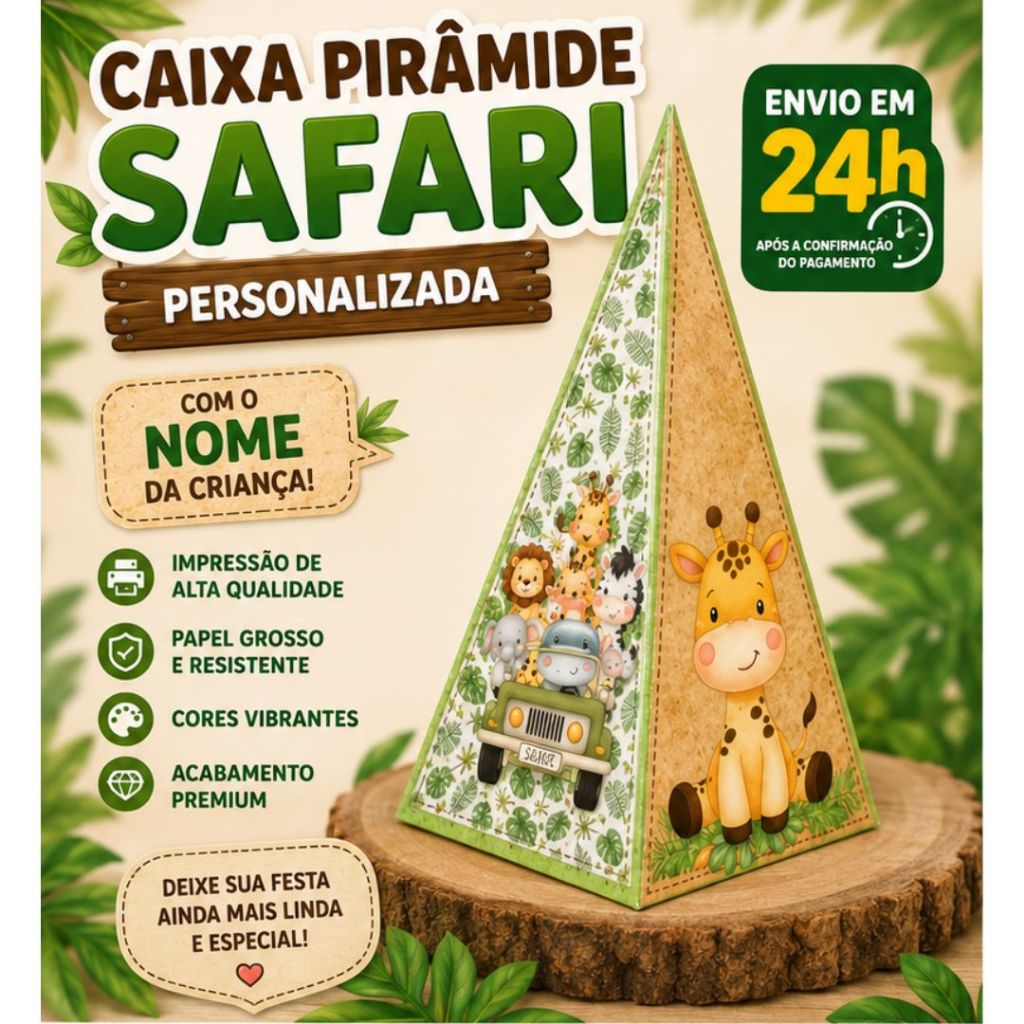 Lembrancinha Safari Personalizada Caixa Pirâmide para Aniversário Festa Infantil