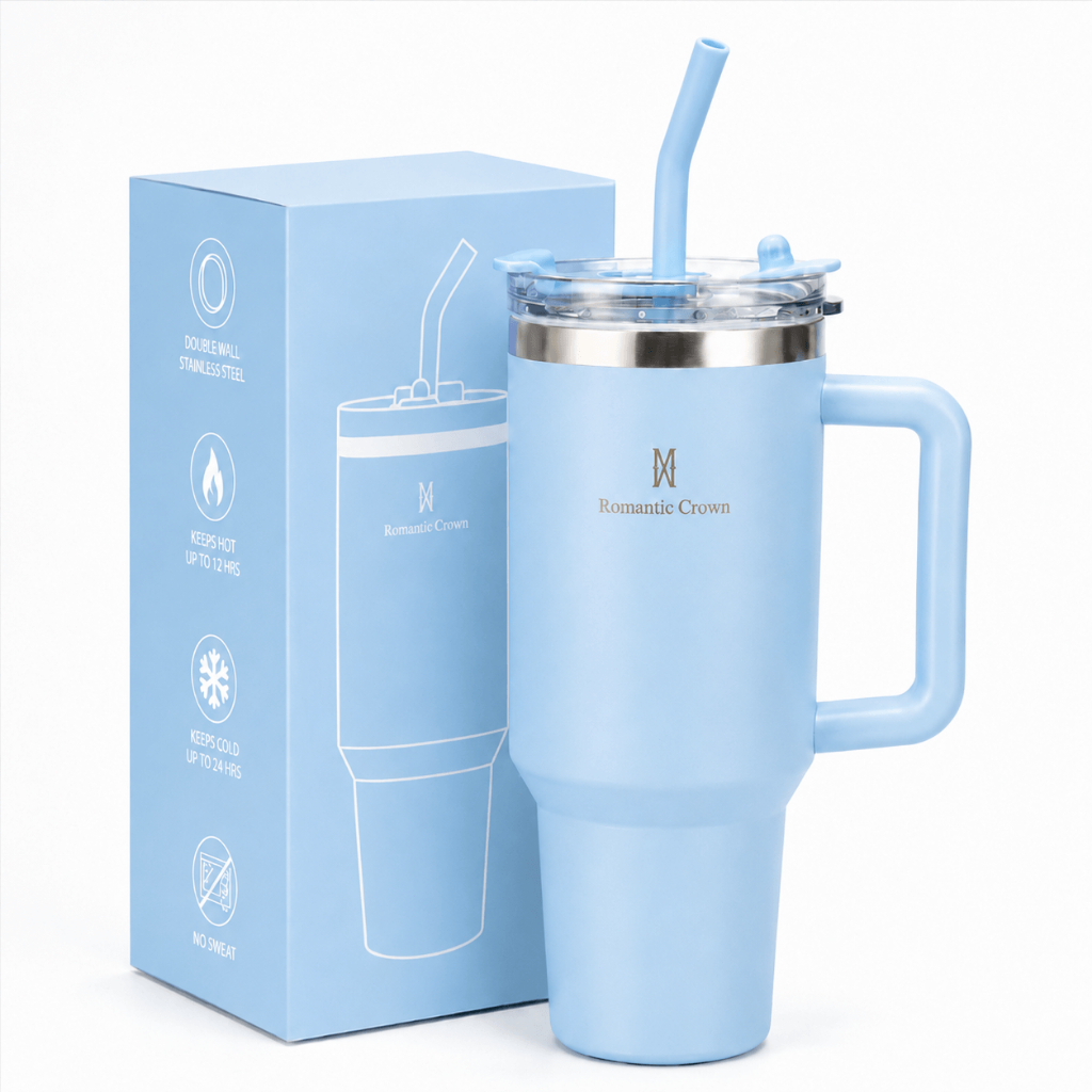 Imagem ROMANTIC CROWN Copo Térmico Inox Portátil 1200ml/600ml com Tampa e Canudo Garrafa Térmica de água À prova de vazamentos