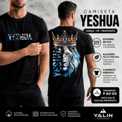 Camiseta Masculina Gospel Leão De Judá Yeshua Preta Malha Peruana 100% Algodão Premium