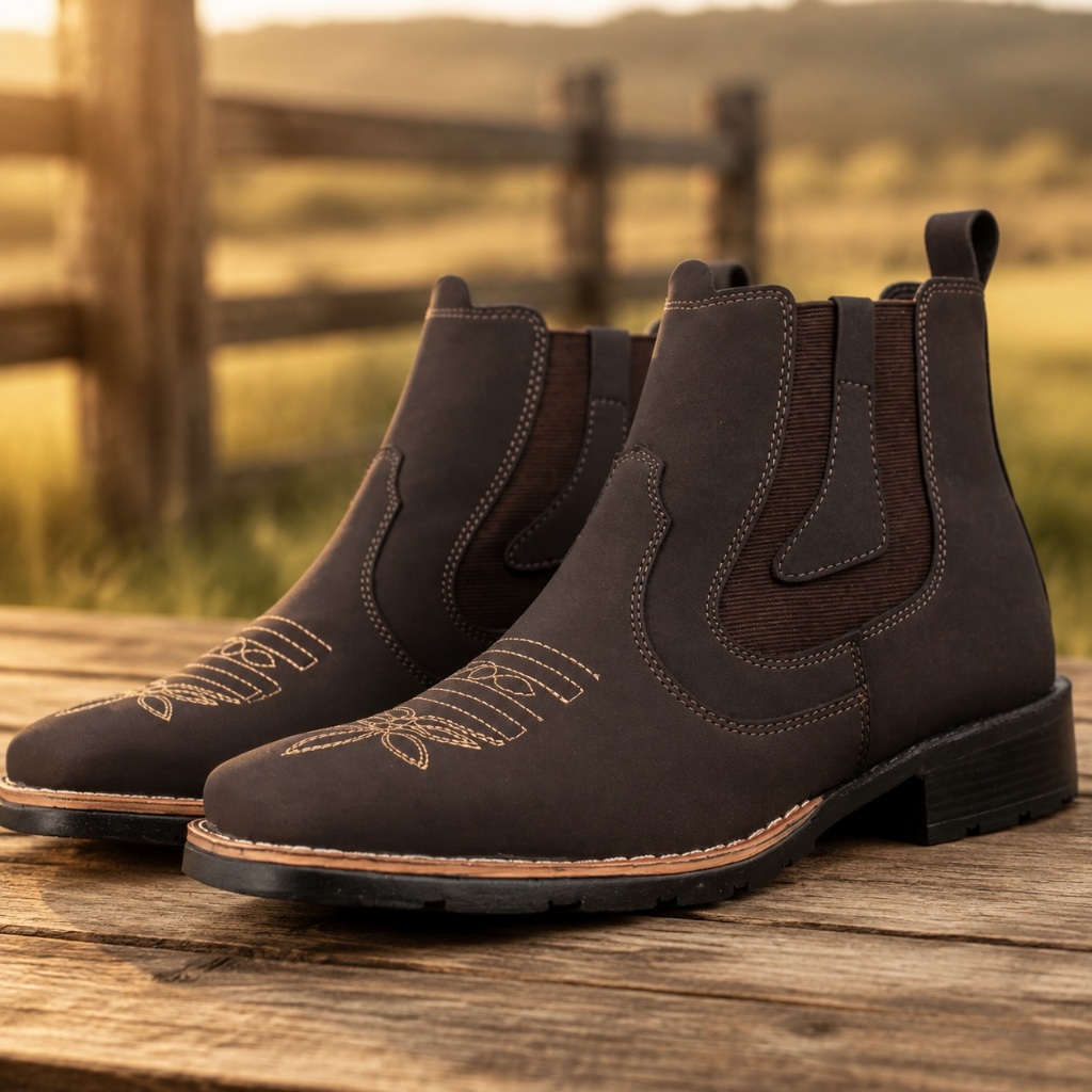 Botina Bota Texana Country Masculina Bico Quadrado Bordado Rodeio Peão