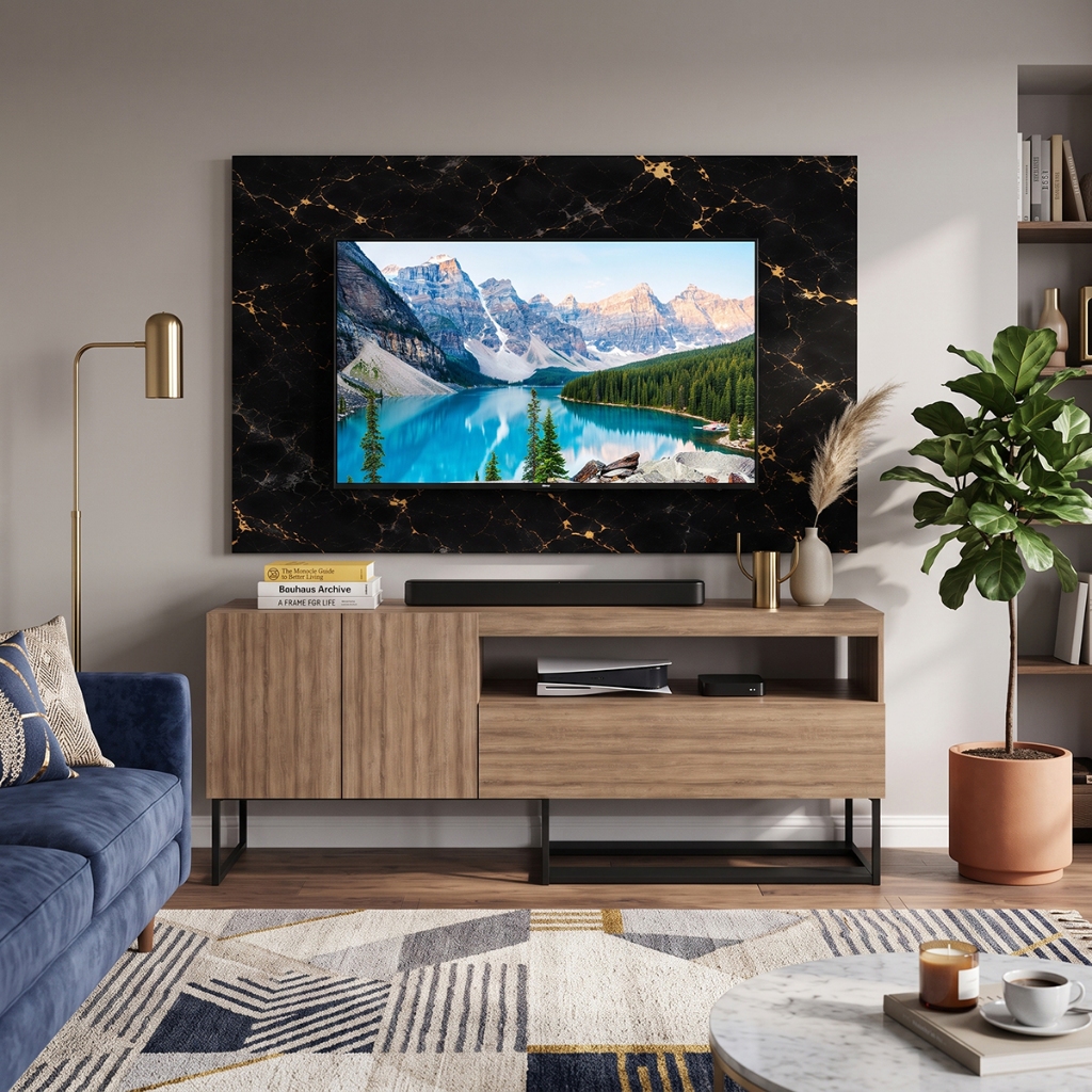 Rack para Sala 150cm para TV até  55'  Mármore Preto Veios Dourados Home Theater MDF Lâmina/Amadeirado