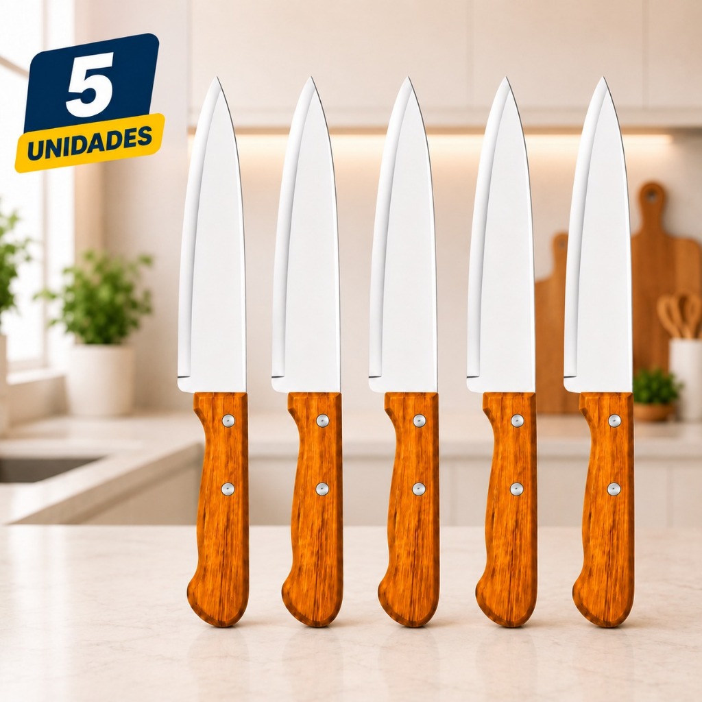 Imagem Kit 5 Facas De Cozinha 6” 26cm Aço Inox Cabo De Bambu Afiadas Carnes Churrasco Legumes Profissional