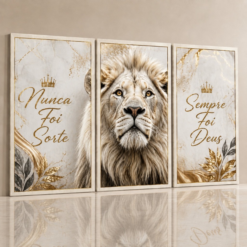 Quadros Decorativos Trio Moderno Leão Branco Fé Religioso Para Sala